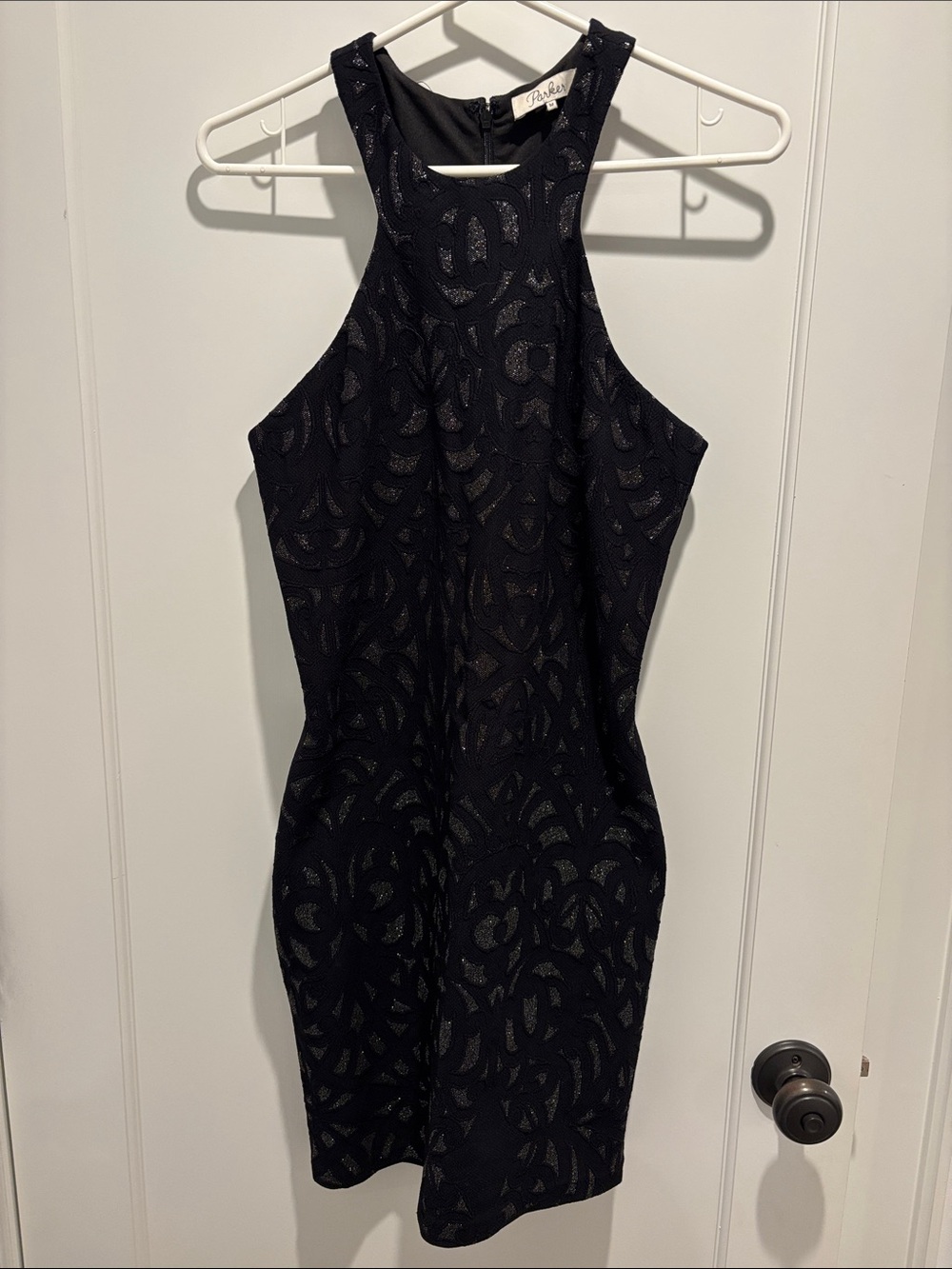 Parker Black Lace-Overlay High-Neck Mini Dress